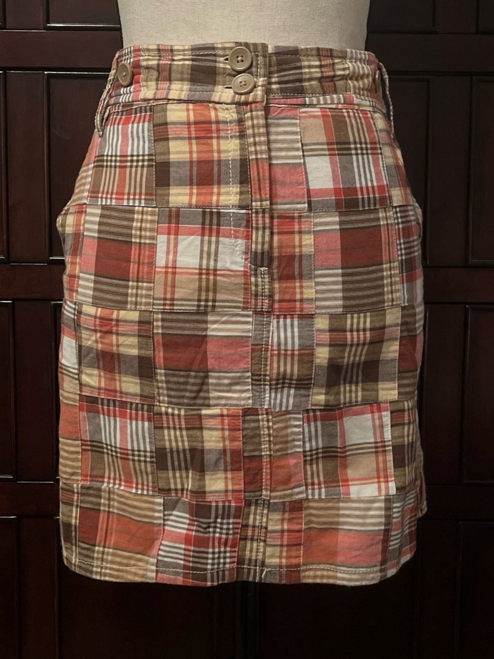 LOFT Patchwork Plaid Mini Skirt in Brown and Coral